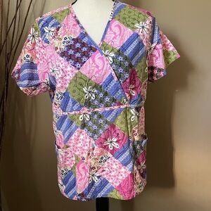 Floral Patchwork V-Neck Scrub Top